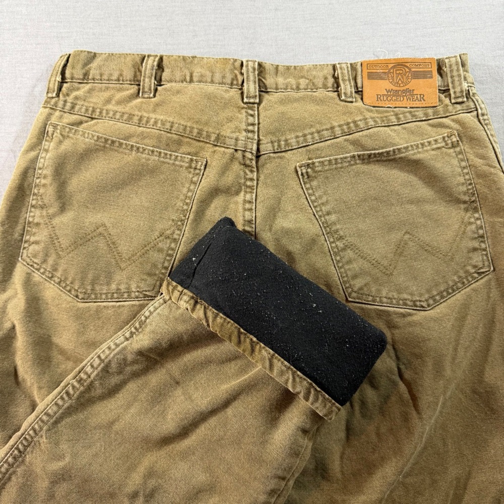 Wrangler Rugged Wear Pants Mens 35x32 Brown Good Fleece Lined Canvas Workwear